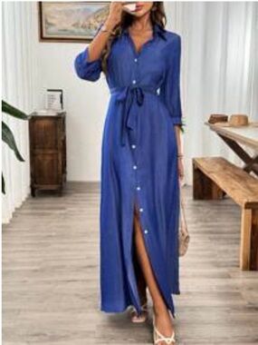 Women's Blue Button-Front Maxi Shirt Dress with Waist Tie